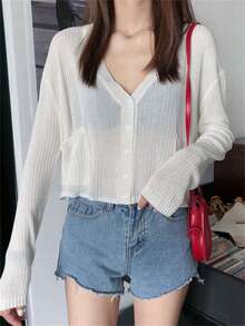 女士宽松短款罩衫，长袖开襟针织衫，轻薄春夏外套 - 白色 - 查看 2
