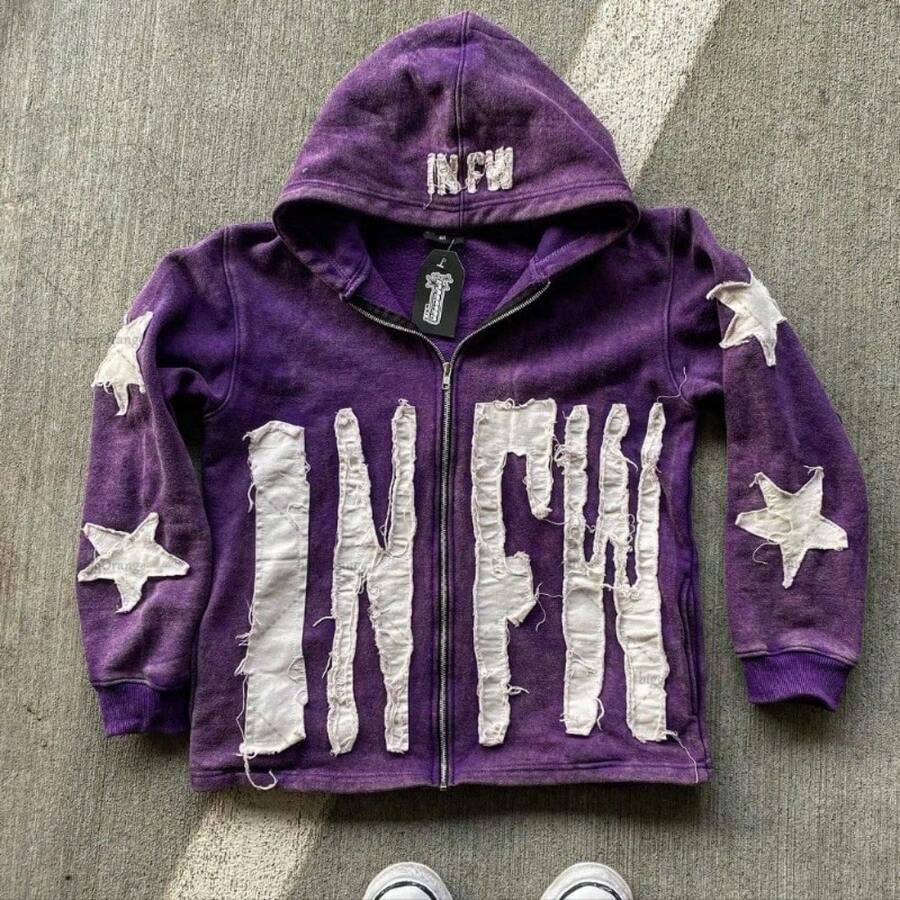 Men's Women's European American Oversized Hoodie, Patchwork Star Letter Graphic Casual Pullover Sweatshirt - 紫色 - 查看 1