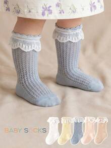 5双装女童春夏网眼防蚊袜，蕾丝公主中筒袜，白色长筒袜 - 彩色 - 查看 3