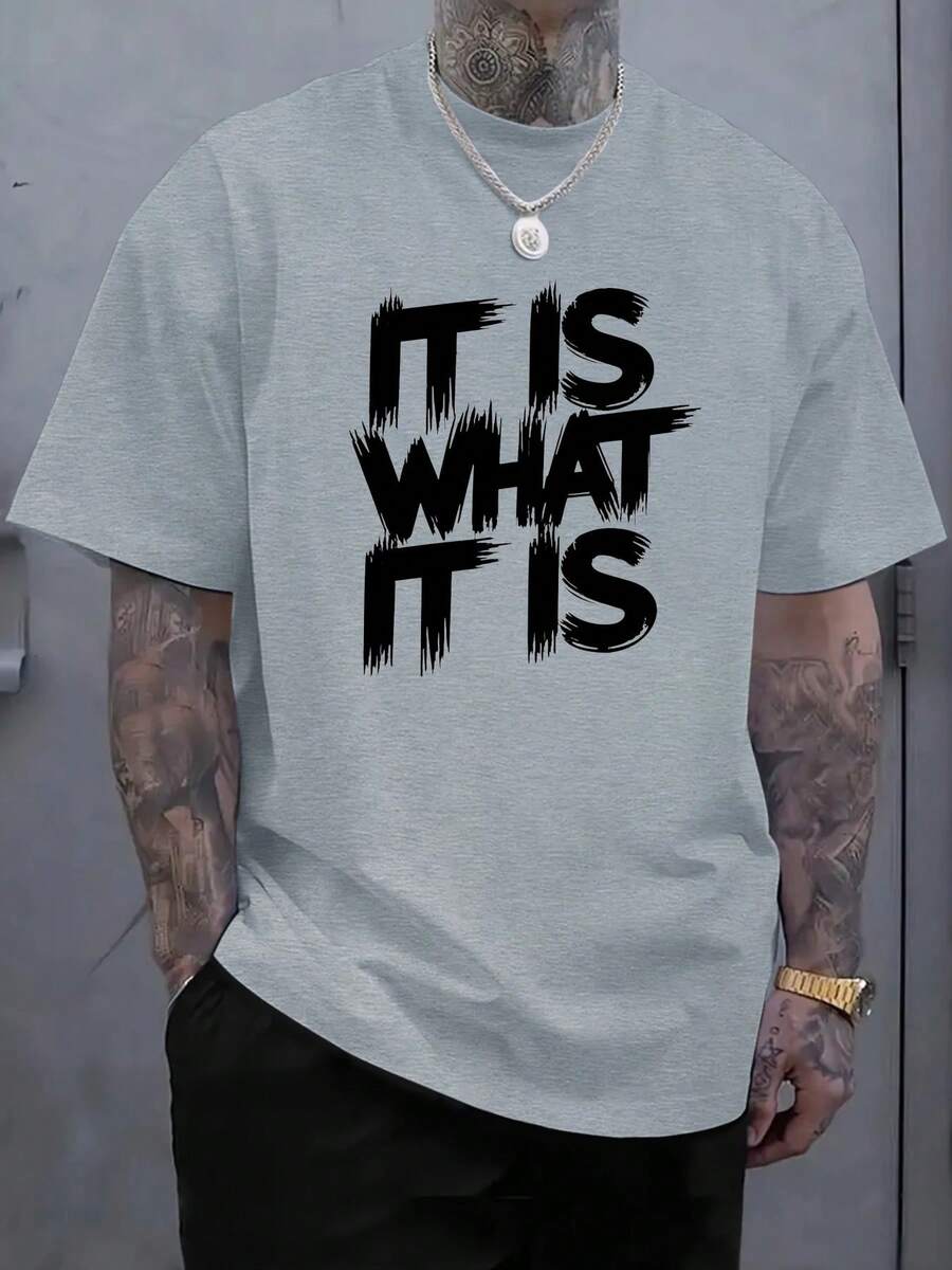 Camiseta de hombre con estampado rojo - Casual de manga corta y cuello redondo, estampado llamativo, cómoda para todas las estaciones y lavable a máquina, top de ajuste sencillo - Gris - Ver 1