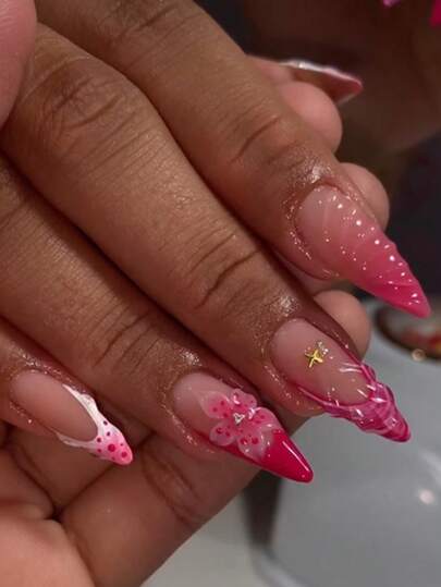 24pcs French Nails Press On 3d Three-Dimensional Decoration Floral Press On Nails Short False Nails Almond Shape Nails Art Manicure Set Includes 1sheet Adhesive Tabs & 1pc Mini File Perfect For Everyday Wvear