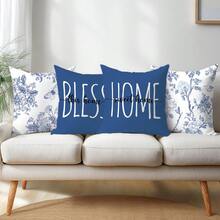 复古蓝色莫里斯花卉“祝福家园”四件套靠垫套，单面印花桃色天鹅绒，45*45厘米/18*18英寸枕套，适用于现代布艺沙发室内装饰、派对装饰、礼品 - 彩色 - 查看 9