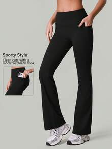 女士高腰时尚休闲喇叭紧身裤，带侧袋，适合舞蹈、瑜伽、健身和跑步 - 黑色 - 查看 2