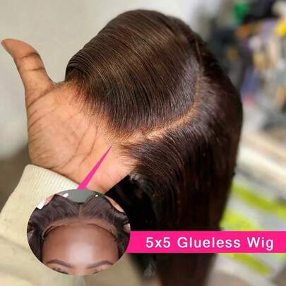 VIOLLY 即戴式假发，真人发混纺，预先拔毛和修剪，5x5 直发蕾丝前假发，巴西原生发假发，女士蕾丝闭合假发，180% 密度，巧克力棕色