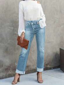 女士休闲直筒修身舒适牛仔裤，饰有猫须细节，中等弹力轻盈牛仔面料，纽扣拉链设计，长款，适合日常穿着，春季款 - 中藍色 - 查看 5