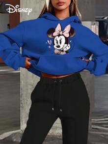 Disney Authorized, Loose Hooded Long Sleeved Top For Women, No Drawstring Hooded Sweatshirt Top, Hoodie, Pink Bow Love Cartoon Print - 藍色 - 查看 1