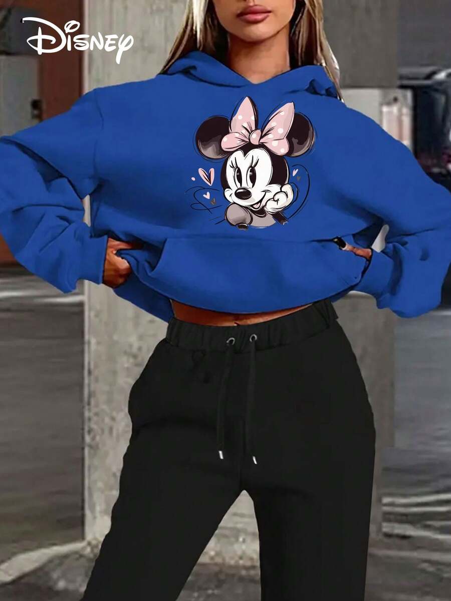 Disney Authorized, Loose Hooded Long Sleeved Top For Women, No Drawstring Hooded Sweatshirt Top, Hoodie, Pink Bow Love Cartoon Print - 藍色 - 查看 1