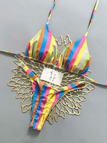 两件套条纹印花比基尼套装，休闲可爱优雅性感波西米亚风系带比基尼，适合海滩度假、春夏穿着 - 彩色 - 查看 3