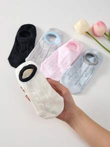 5 Pairs Spring/Summer Korean Style Shallow Mouth Boat Socks With Bow Pattern Mesh Invisible Socks, Sweet Ins Style Non-Slip Socks - Multicolor - View 3