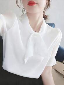 2026新款夏季女式衬衫，时尚优雅百搭宽松休闲短袖上衣 白色 - 白色 - 查看 1