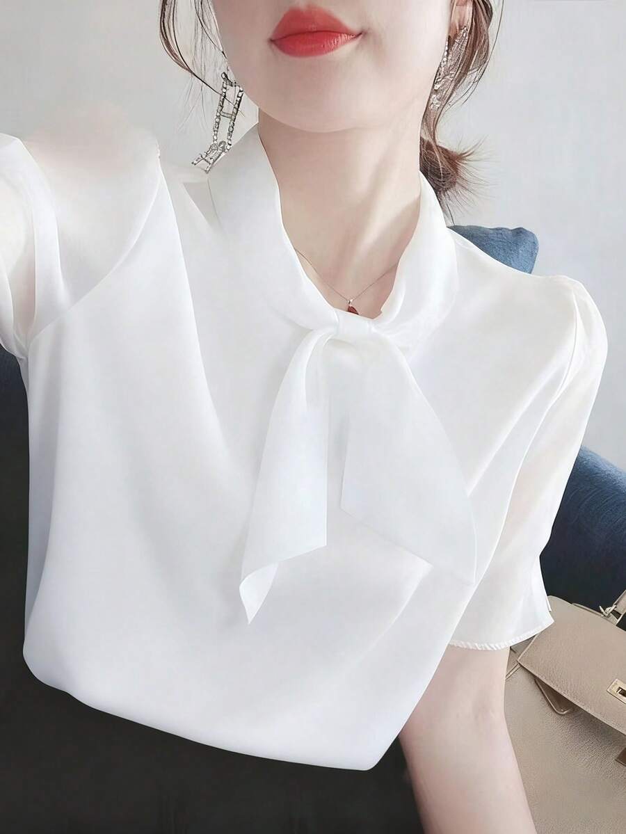 2026新款夏季女式衬衫，时尚优雅百搭宽松休闲短袖上衣 白色 - 白色 - 查看 1