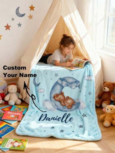 Customized Flannel Blanket, Personalized Name Bear & Moon Blanket, Baby Nap Blanket, Birthday, Holiday, Wedding Gift For Girlfriend, Children, Best Friend, Soft & Skin-Friendly Bedroom/Living Room Decor, Unique Commemorative Gift For Boys & Girls