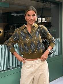 女士复古菱形格纹针织长袖高领毛衣，百搭休闲针织上衣，度假必备 - 綠色 - 查看 4