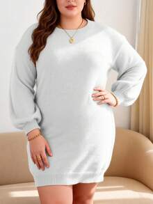 Women's Light Gray Ribbed Lantern Sleeve Sweater Dress, Casual - Light Grey - View 13