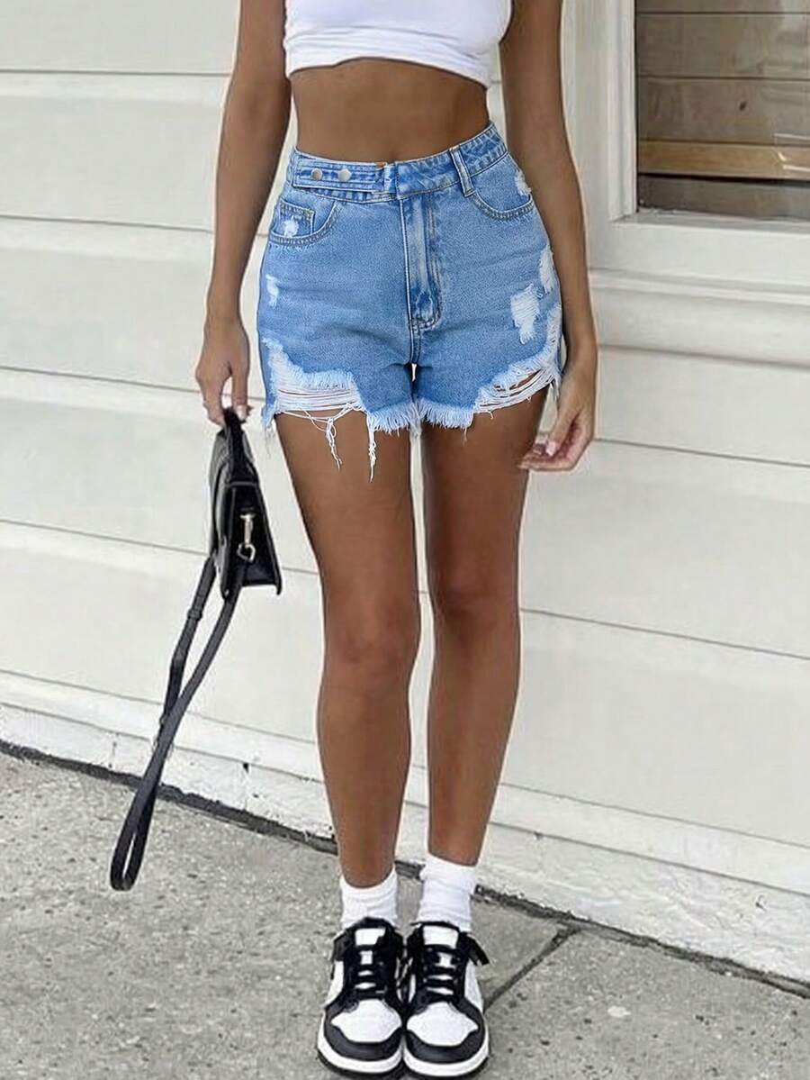 Women's Buckle Closure Sexy Distressed Denim Shorts, Summer - Medium Wash - View 1
