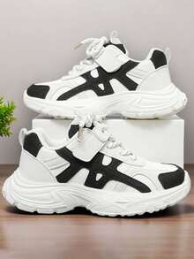 1 Pair Fashion Black & White Contrast Kids Chunky Sneakers, Lightweight Breathable Hook And Loop Sports Shoes, Unisex Casual Footwear - Black and White - View 1