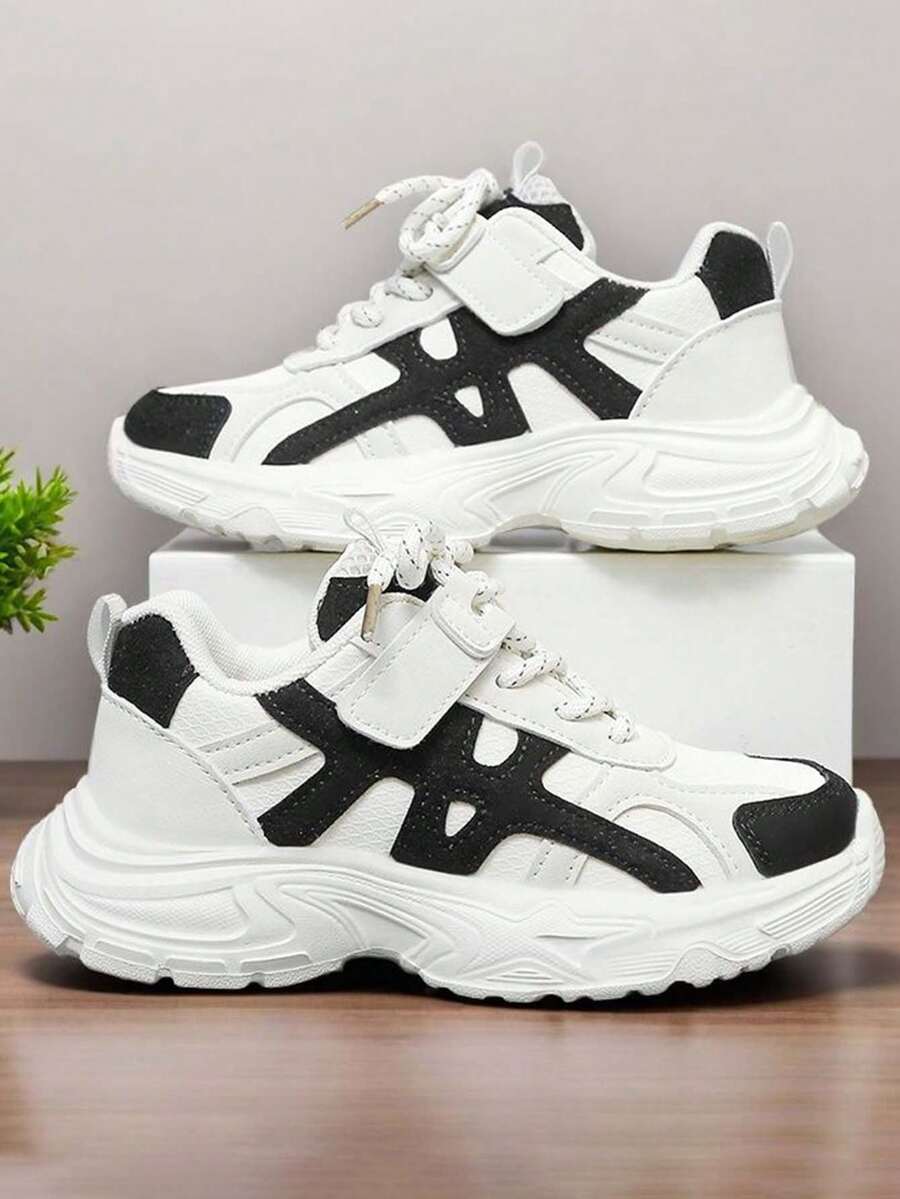 1 Pair Fashion Black & White Contrast Kids Chunky Sneakers, Lightweight Breathable Hook And Loop Sports Shoes, Unisex Casual Footwear - Black and White - View 1