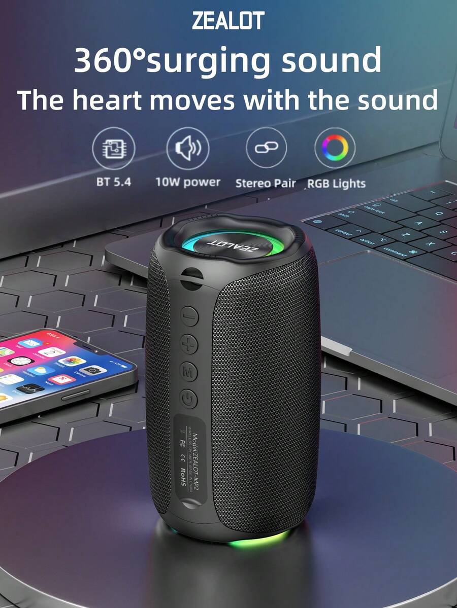 Altavoz inalámbrico de alta potencia ZEALOT M2 de 10W, subwoofer portátil para exteriores con luces RGB, compatible con tarjeta SD/USB/AUX, altavoces estéreo duales, manos libres, compatible con smartphones/tabletas/TVs/computadoras, adecuado para fiestas al aire libre, reuniones en el hogar, eventos en la playa