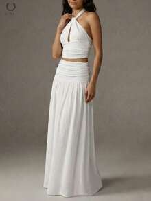 Bộ đồ 2 mảnh dành cho nữ, áo tank top ngắn tay chất liệu vải dệt họa tiết xoắn phía trước kết hợp với chân váy maxi xếp ly, trang phục dự tiệc đi biển thanh lịch cho mùa hè. Màu trắng. - trắng - Xem 6