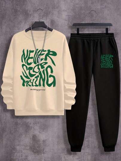 KID009|Conjunto Casual para Niño Sudadera y Pantalón de Jogging - Letras Motivacionales Never Giving Up, Gráfico de Los Ángeles, Blanco y Negro, Corte Regular, Colección OtoñoInvierno, Ropa Cómoda  Estilo Casual  Tejido Elástico, Sudadera para Niño, para Exteriores, Conjunto de Ropa para Niño, Trajes para Niños en Otoño, Conjuntos de Trajes para Niño, Ropa de Moda para Niño