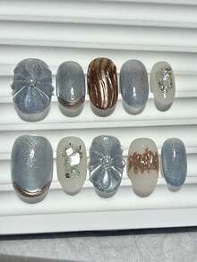 10片优雅浪漫手工按压式美甲贴片，猫眼造型，闪亮3D花朵，可卸可重复使用（含1张果冻贴片和1把指甲锉）手工按压式美甲贴片 - 淺藍色 - 查看 1