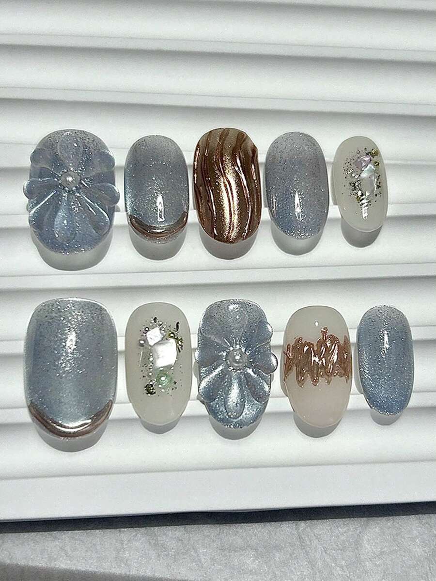 10片优雅浪漫手工按压式美甲贴片，猫眼造型，闪亮3D花朵，可卸可重复使用（含1张果冻贴片和1把指甲锉）手工按压式美甲贴片 - 淺藍色 - 查看 1