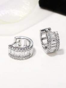 1 Pair Pretty Cubic Zirconia Hoop Earrings For Women For Party Engagement Anniversary Jewelry Valentine's Day Gift - Silver - View 4
