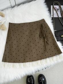 2026 Spring/Summer Khaki Polka Dot Lace A-Line Mini Skirt - Elegant Sweet Lace Trim Tie Waist Skirt, Suitable For 2026 Retro Polka Dot/Valentine's Day/Easter/Mother's Day/Evening Date/Coffee Gathering/Weekend Date - Brown - View 8