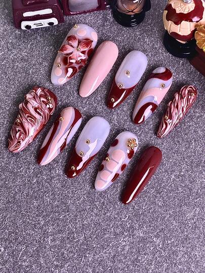 10 st handgjorda press-on naglar för kvinnor, set med vinröda och rosa marmorerade blommiga akryl press-on naglar med guldfärgade nagelberlocker och handmålade nagelkonst, romantiska vintage lösnaglar