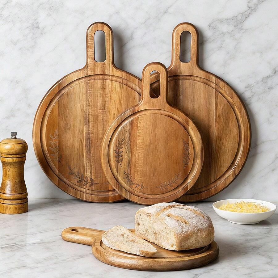 1pc Round Wooden Bread/Cutting Board, Steak Platter, Cake Stand, Fruit & Dessert Serving Tray - Brown - View 1