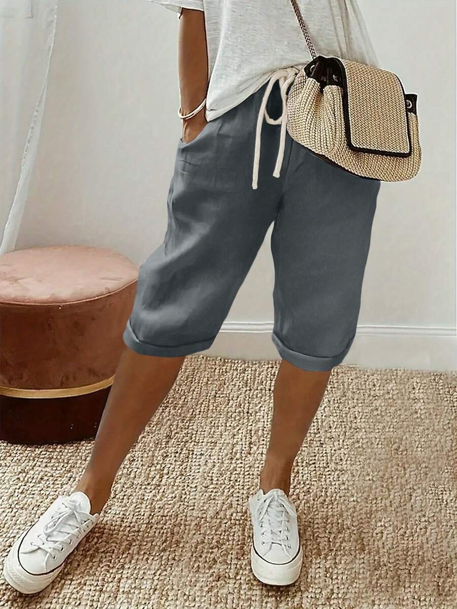 Women's Solid Color Drawstring Waist Pocket Casual Bermuda Shorts Summer - Dark Grey - View 1