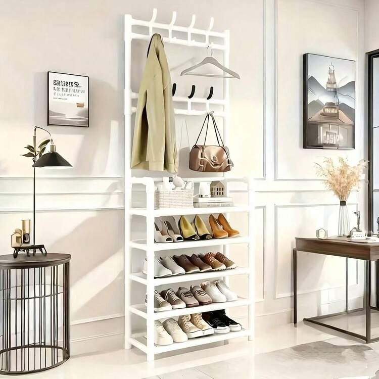 Protector de esquina de estructura metálica de 3 niveles con ganchos - Almacenamiento de moda, adecuado para dormitorio y sala de estar, superficie pintada, diseño independiente, perfecto para chaquetas, sombreros y accesorios, decoración de habitación - Multicolor - Añade 17