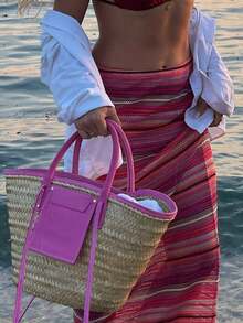 Look Polly Women's Summer Vacation Skirt, Bohemian Style High Waist Knitted Striped Skirt, Suitable For Valentine's Day, Carnival, Holiday Dinner Parties And Other Occasions - Pink - View 8