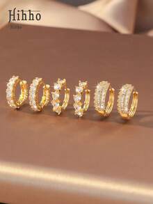 Hihho 6pcs/Set Zirconia Stud Earrings Set, Stud Structure + Full Zirconia Pave + Multi-Style Combination Balancing Simplicity And Decoration. Heart Zirconia + Water Drop Pendant + Plain Hoop Full Zirconia, Strong Luster, Suitable For Daily, Commuting, Light Social Occasions And More - Gold - View 2