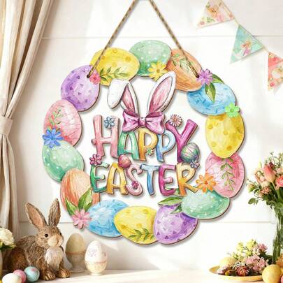 1pc Easter Decoration Wooden Door Wreath For Front Door Sign Cute Bunny Flower Eggs Wooden Door Hanger Rabbit Spring Decoration Happy Easter Welcome Hanging Sign For Outdoor Indoor Wall Home Decor