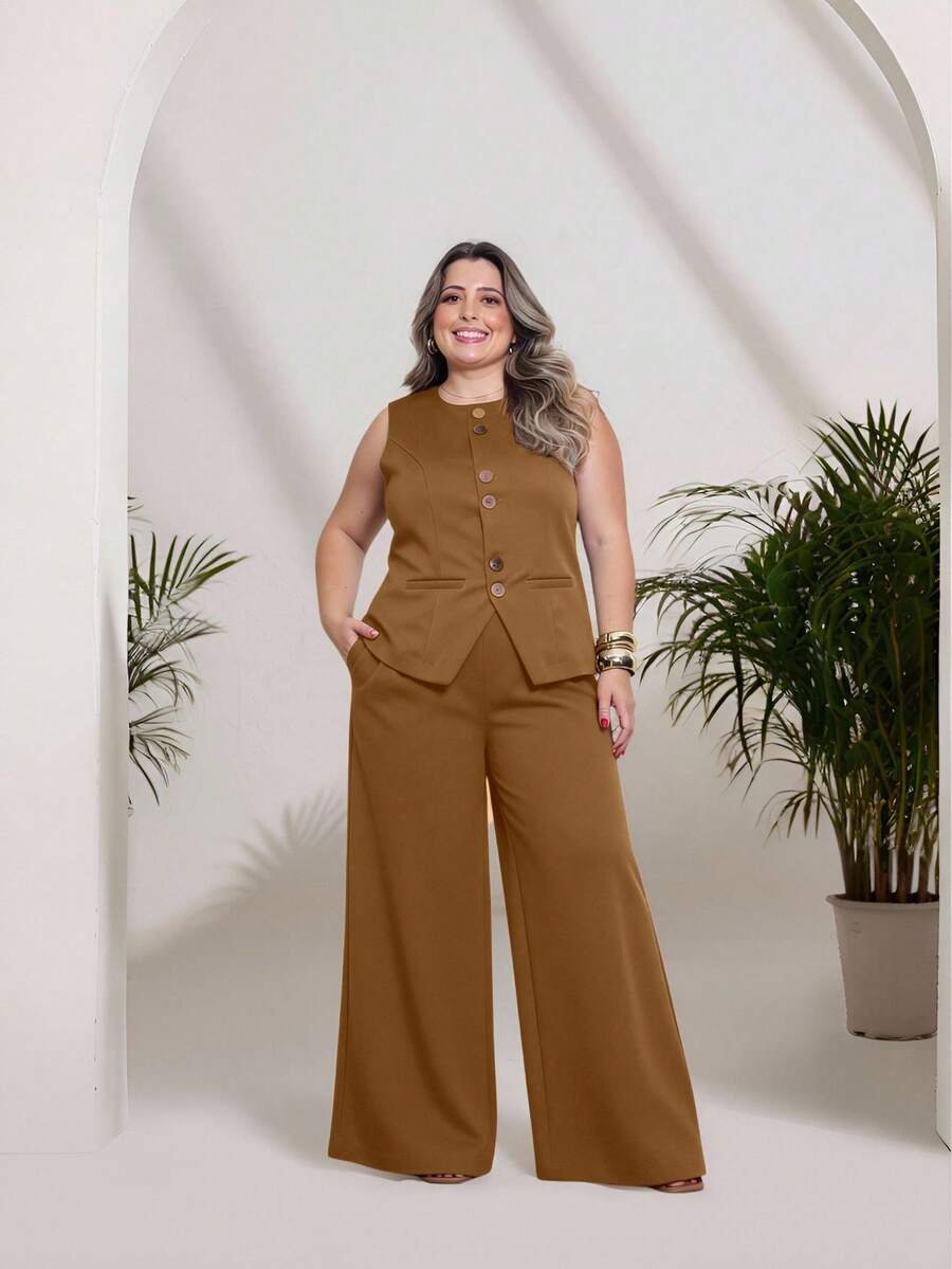 Plus Size Fashion Women's Tailored Set Vest + Pants Casual Fashion/With Special Buttons/Formal Work Blazer With Solid And Elegant Front Button Women's Tank Top/Elegant And Stylish Two-Piece Women's Suit With Front Buttons/Elegant/Sophisticated With Faux Pockets/With Buttons/Blogger/Fashion/National Shipping 2025 - 摩卡棕 - 查看 1