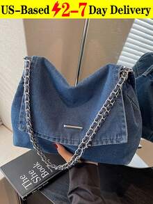 New Fashion Casual Solid Color Denim Effect Metal Chain Strap Flap Cover Women Shoulder Bag,Vintage Washed Jean Flap Over Shoulder Bag For Women, Adjustable Chain Strap Crossbody Purse With Magnetic Snap Closure, Large Capacity Casual Bag Fits Phone, Umbrella, Water Bottle For All Seasons, Travel, Commute & Date Nights In Black, Dark Blue & Light Blue[US Local Warehouse]The Best Gift Choice, Birthday Gift, Christmas Gift - 彩色 - 查看 12