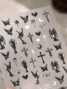 1片哥特风复古银箔心形、星星、月亮、天使翅膀神秘5D美甲贴纸，自粘式美甲装饰，适合女性，适用于特殊场合 - 彩色 - 查看 4