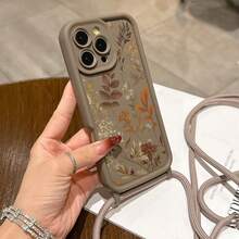 Convenient Lanyard Phone Case With Adjustable Lanyard And Shoulder Strap, Brown Autumn Leaf Design, Lightweight Shockproof TPU Protective Case Compatible With Apple Phones - Brown - View 3
