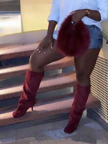 Women's Knee High Boots Wide Calf Square Toe Stiletto Heels Tall Boots Pull On Kitten High Heel Long Fashion Casual Cute Y2K Booties - 紅色 - 查看 1