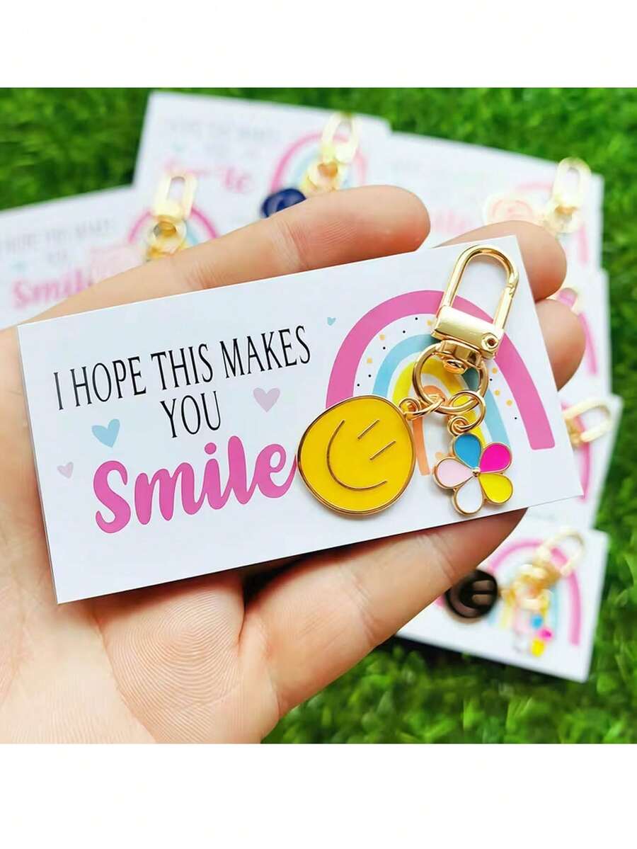 15pcs/5sets Happy Smiling Face Metal Keychain Set, Colorful Cartoon Keychain Pendant, Bag Decoration, Includes 5 Keychains + 5 Cards + 5 Gift Bags