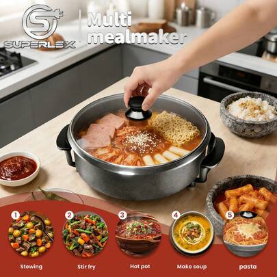 SUPERLEX 1500W Electric Hot Pot, Multifunctional Cooking Pot, Non-Stick Coating For Easy Cleaning, Five-Speed Electric Cooker, Pizza Cooker, Adjustable Temperature, Stew Pot, Braiser, Frying Pan And Stew Pot