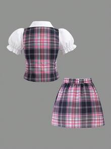 2件套女童夏季甜美学院风花瓣袖格子拼接衬衫+格子百褶裙套装 - 彩色 - 查看 3