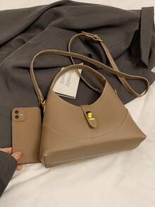 1pc Khaki Solid Color PU Handbag - Khaki - View 6