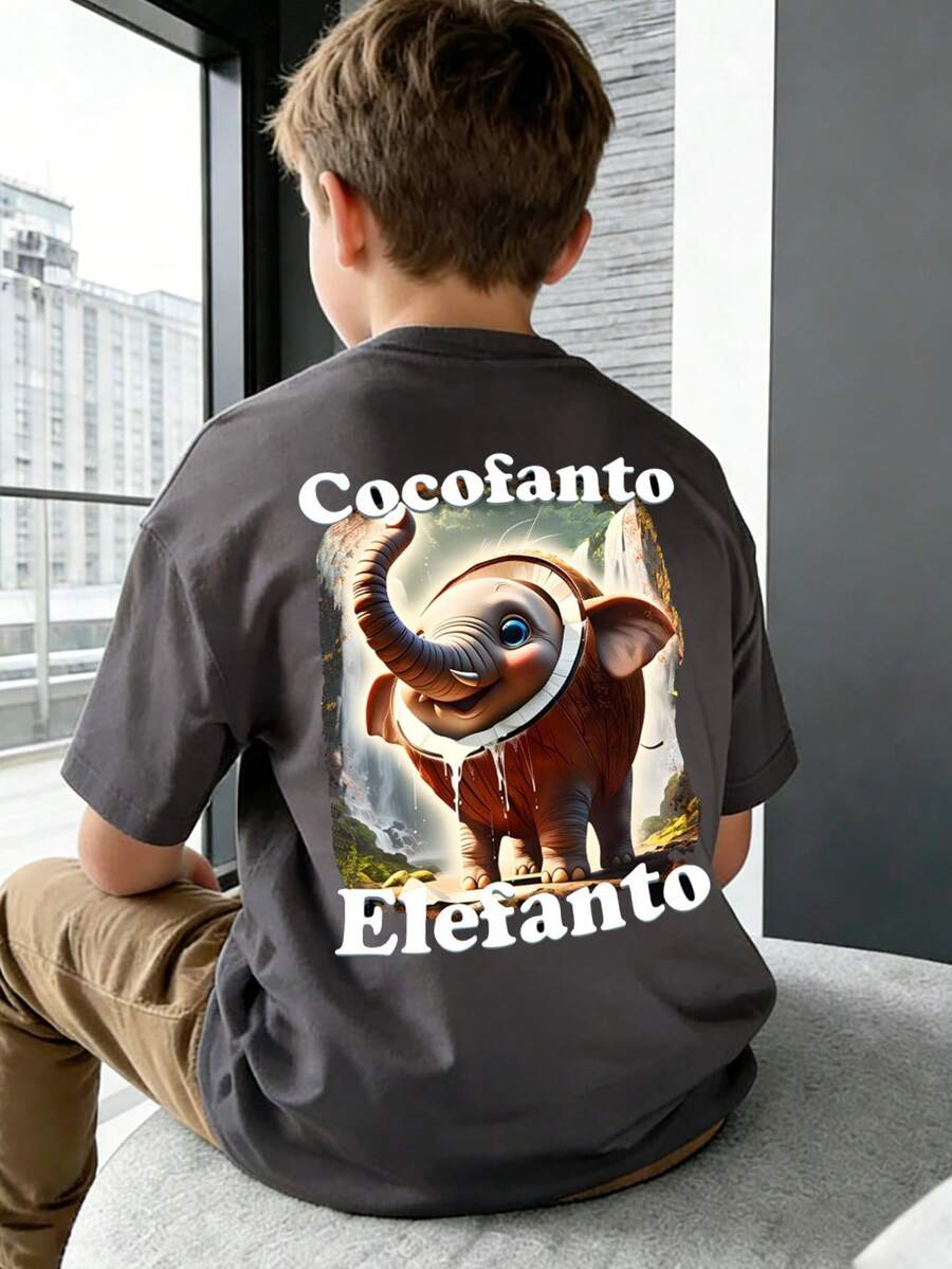 青少年男童印花短袖T恤，学生休闲夏季上衣 - 深灰色 - 查看 1