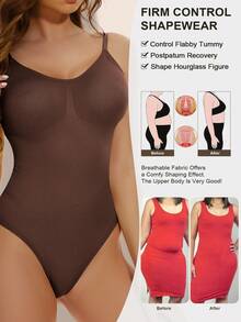 Women's Smooth Shapewear Slimming Bodysuit Tummy Control Body Shaper Jumpsuit With High Cut Thong, Flat Belly Sheath Design, Sculpting Waist Trainer Body Suit, Snatched Fit Plus Size Tops - 棕色 - 查看 8