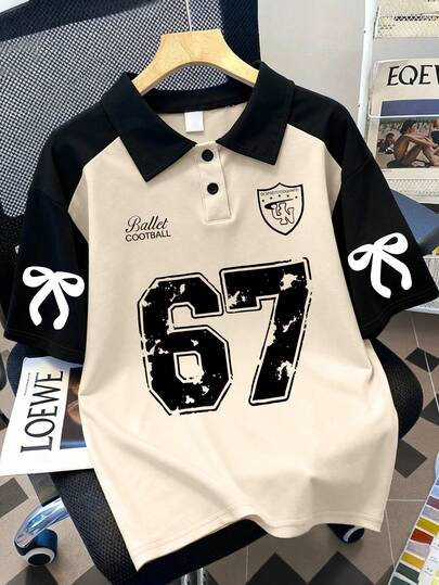 1pc Polo Collar Short Sleeve T-Shirt For Teenage Girls, With 67 Number And Bow Print, Loose Casual Sports Tee, Perfect Summer Gift For School And Outdoor Wear, Spring/Summer
