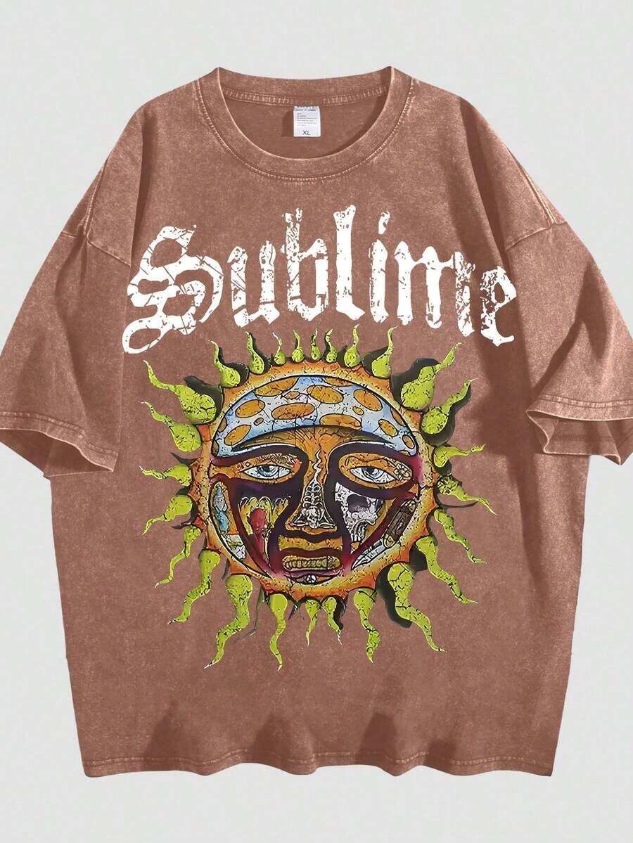 2026 Summer Tops Retro Sun Face Skull Print, T-Shirt, SUBLIM Band Style Free Theme Loose Short Sleeved ShirtLoose And Comfortablesummer Clothes - 咖啡棕色 01 - 查看 1