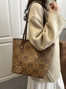 2026 Spring New Printed Large Capacity Tote Bag, Retro Fashion Commuter Shoulder Handbag - Brown - View 2