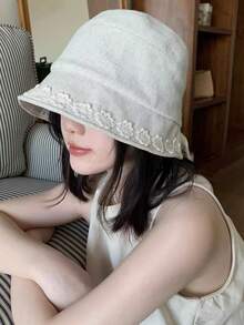 1顶日式蕾丝牛仔布刺绣花卉渔夫帽，女士款，可调节系带遮阳帽，柔软日式风格帽子，新款宽檐系带春夏遮阳帽 - 蕾絲 - 查看 2